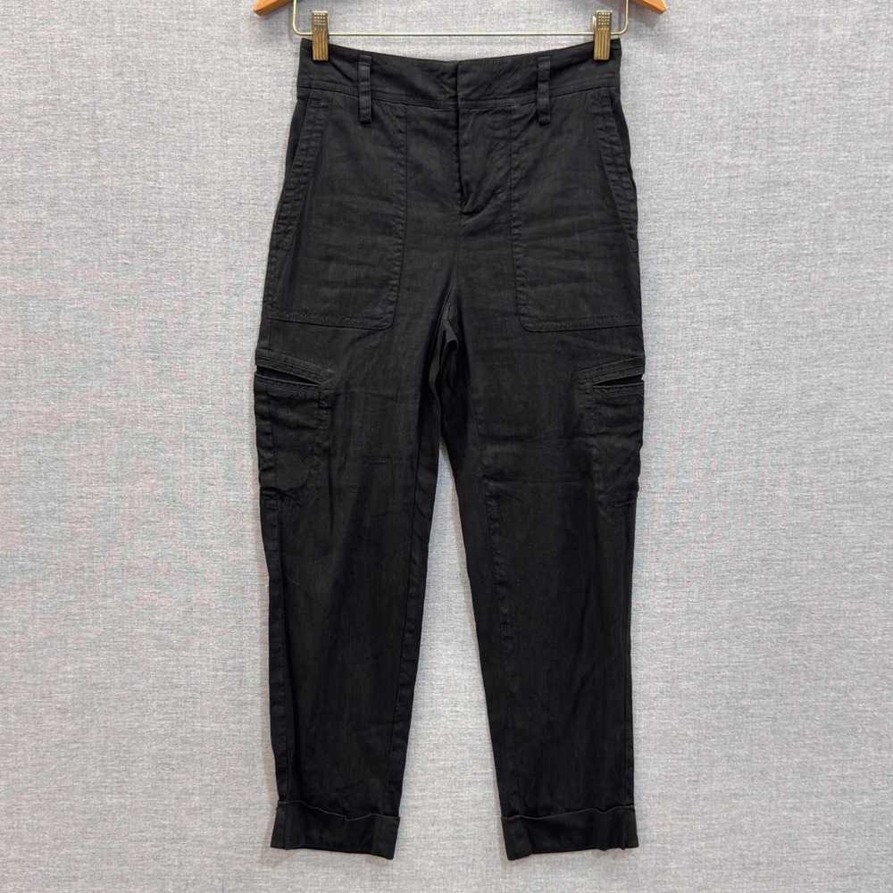 Vince Black Linen Blend Cargo Pants High Rise Elastic Back V652221813 XS